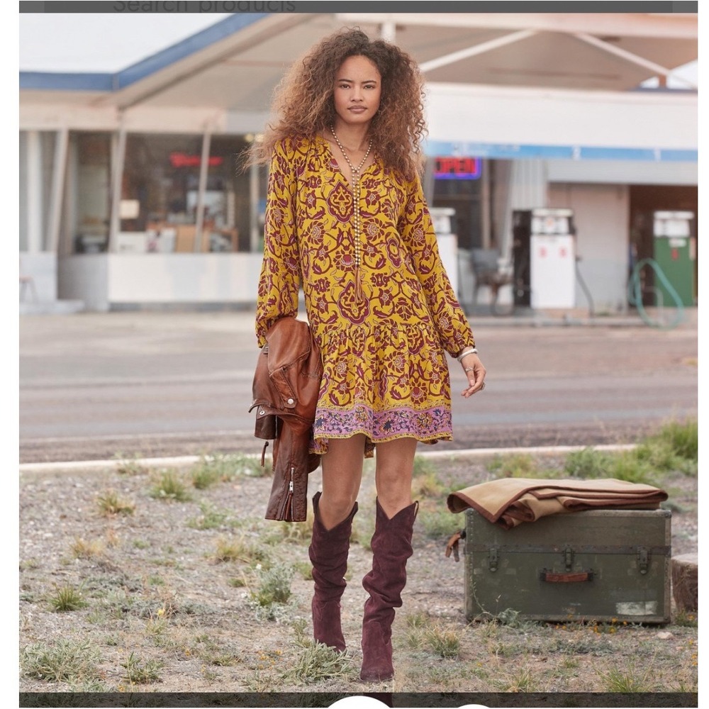Sundance Maras Mini Dress Petite L Gold Floral Paisley Boho Tie Waist